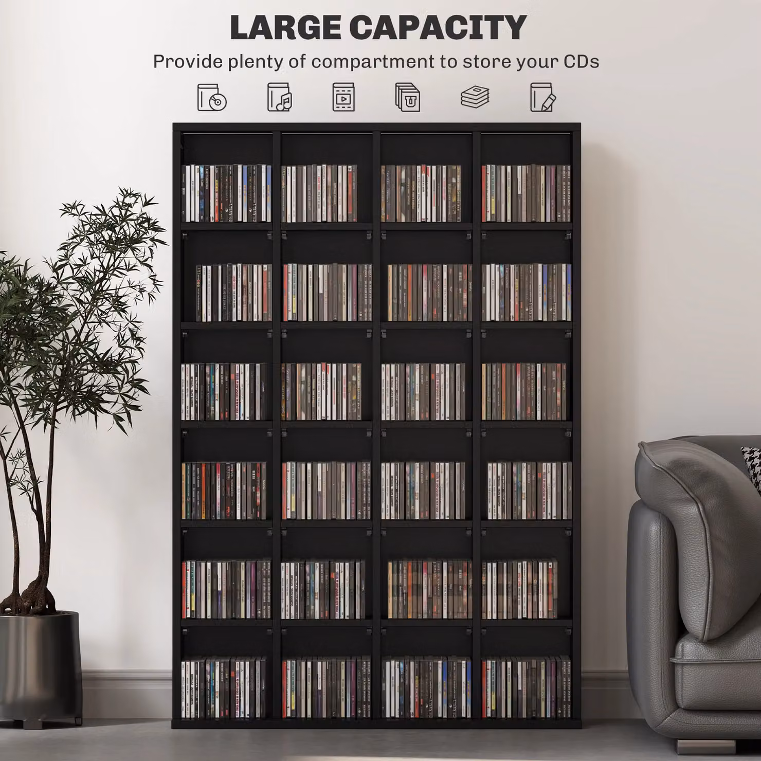 HOMCOM Modern DVD and CD Media Storage Rack with Adjustable Shelves, Black and Natural – 4