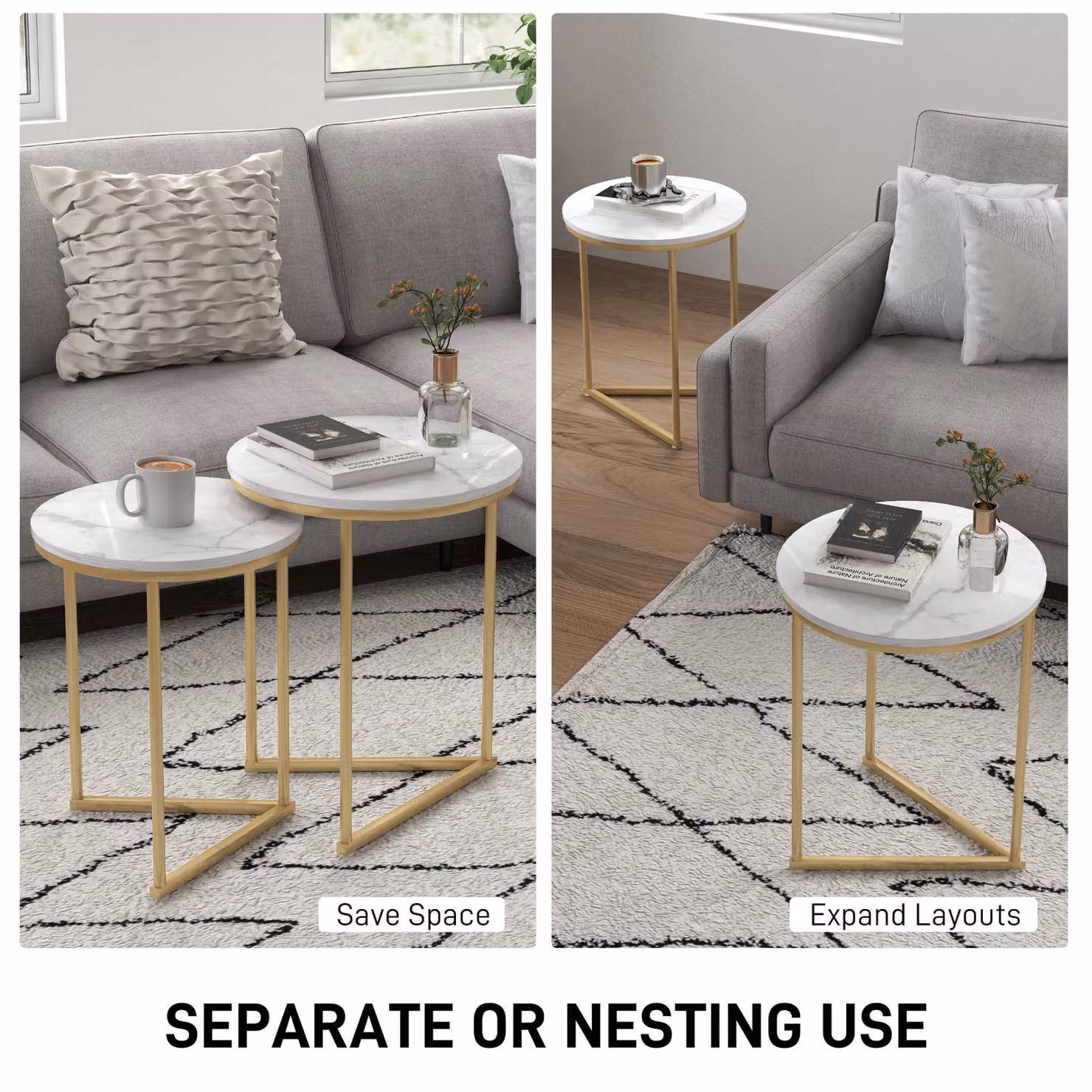 HOMCOM Set of Two Modern Round Nest of Tables with White Marble-Effect and Gold-Tone Finish – 3