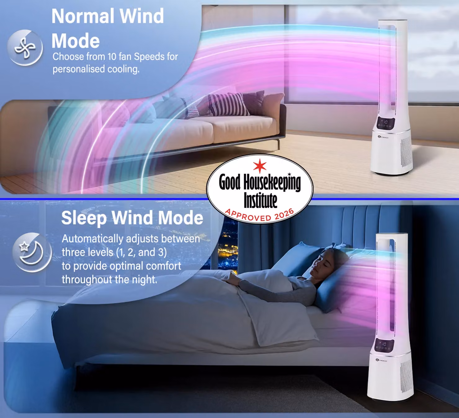 PureMate 2-in-1 Bladeless Fan and HEPA Air Purifier in White and Silver – 2