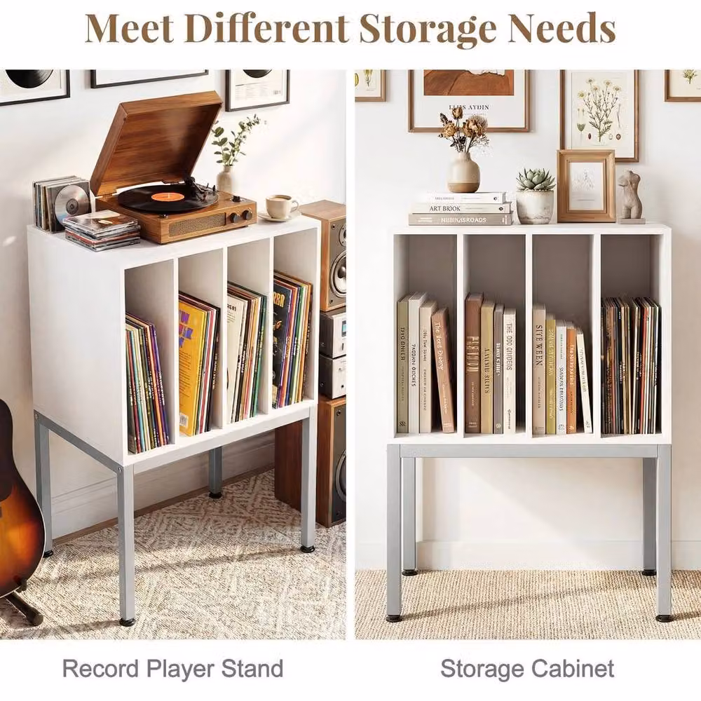 KORVIXA Modern White Turntable Stand with Vinyl Storage Shelves and Media Compartments W/D/H: 100 x 100 x 100 cm – 3