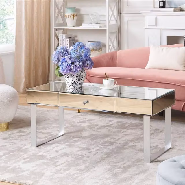 Wyld and Coco Silver Glass Rectangular Coffee Table with Drawer W: 110 cm, D: 47 cm, H: 46 cm