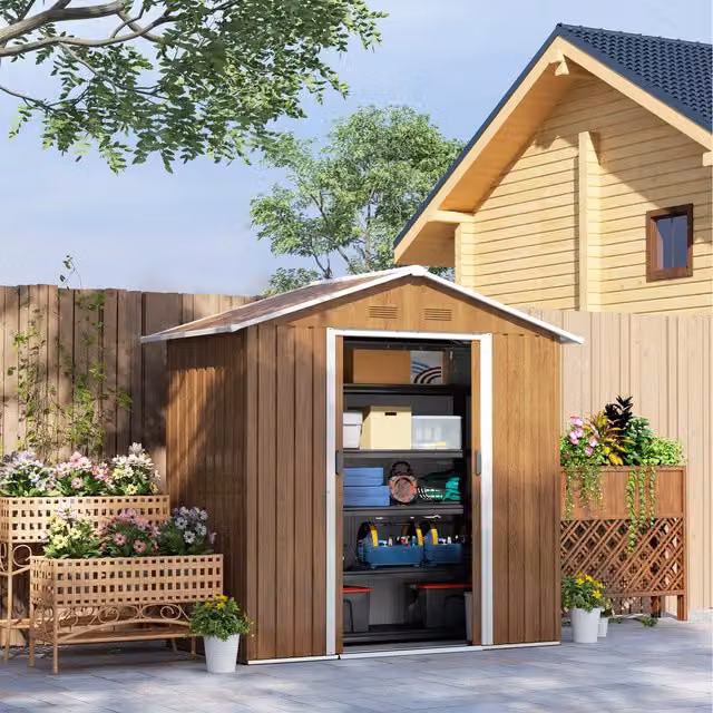Outsunny Metal Garden Storage Shed with Double Sliding Doors, Dark Brown