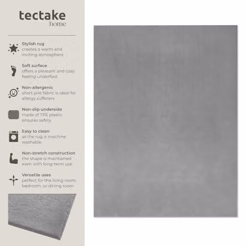 tectake Grey Short-Pile Fluffy Rug, Allergy-Friendly, Washable and Non-Slip, W/D/H: 160 x 230 cm – 1
