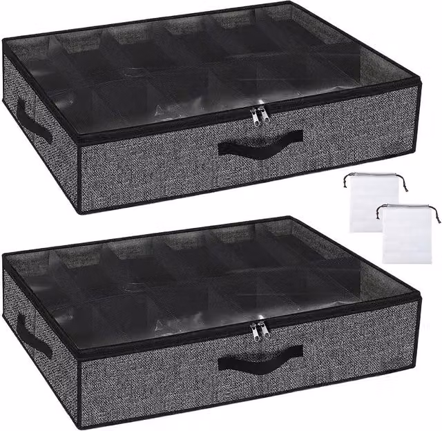 Ventryn 2-Piece Foldable Under Bed Shoe Storage Organisers in Grey with Transparent Windows