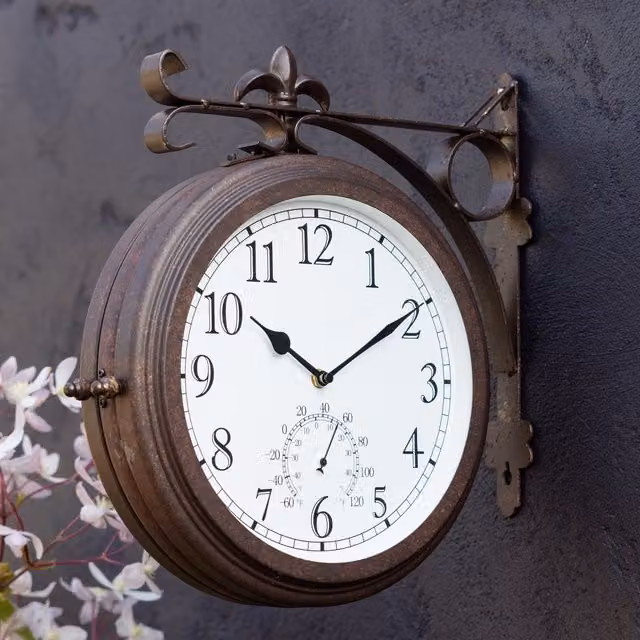 Primrose Station Style Double Sided Garden Wall Clock with Thermometer, Brown, Diameter: 41 cm