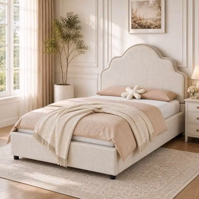 STILVORA Single Bed Frame with Scalloped Headboard in Beige, W/D/H: 90 x 190 cm