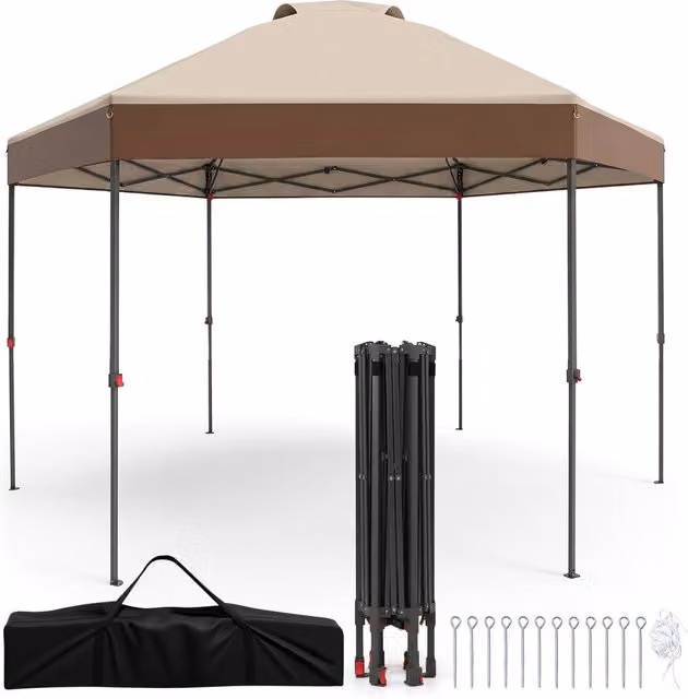 Costway Brown Pop Up Garden Gazebo with Adjustable Height Canopy Tent and Pegs, W/D/H: 360 x 360 x 360 cm – 1