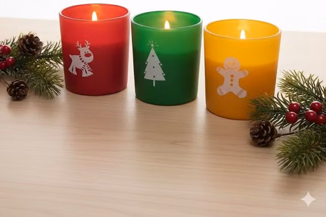 Pan Aroma Set of 3 Christmas Scented Glass Jar Candles in Gingerbread, Cinnamon and Forest, Multicoloured