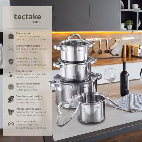 tectake Turin 15-Piece Stainless Steel Pot and Pan Set with Non-Stick Coating and Glass Lids in Silver