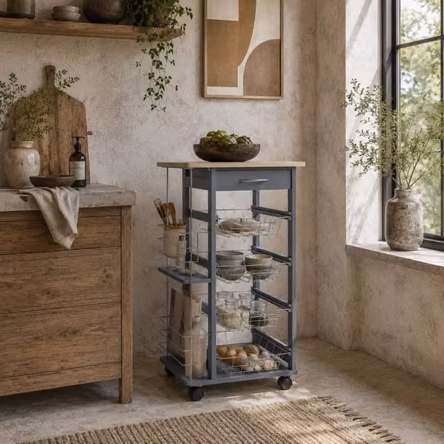 Wyld Haus Nerake Grey Rolling Kitchen Cart with 4 Metal Basket Drawers and Side Racks, H 83 cm x W 47 cm x D 37 cm