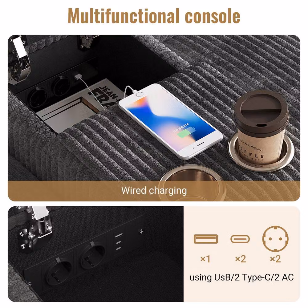 BTM U-Shaped Sectional Ottoman Storage Sofa in Grey with USB Charging Ports and Cup Holders – 4