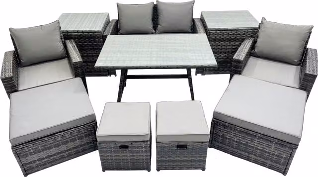 Fimous 8 Seater Outdoor Dining Set in Dark Grey with Double Seat Sofa, 2 Side Tables and 4 Stools