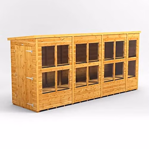 Powersheds Premium Pent Wooden Greenhouse Shed in Brown with Toughened Glass and PVC Windows