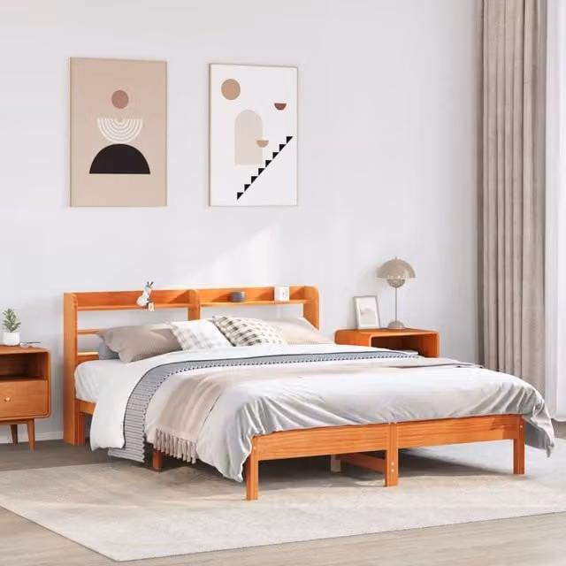 Berkfield Home King Size Solid Wood Pine Bed Frame in Wax Brown, W/D/H: 150 x 200 cm