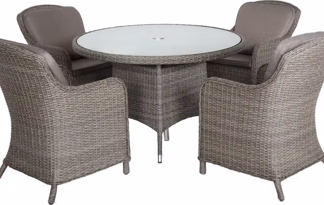 Royalcraft Paris 4 Seater Round Imperial Dining Set in Grey Polyrattan with Glass Table and Weather Resistant Cushions
