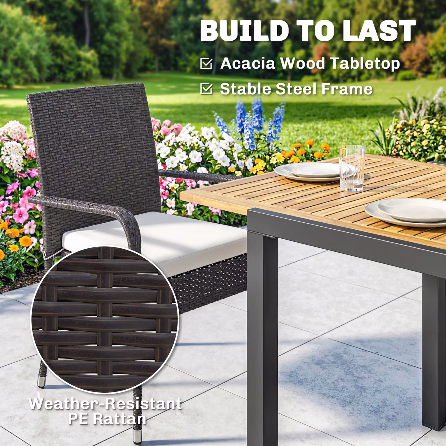 Outsunny 7 Piece Rattan Garden Furniture Set with Extendable Acacia Wood Tabletop and 6 Stackable Chairs – 6