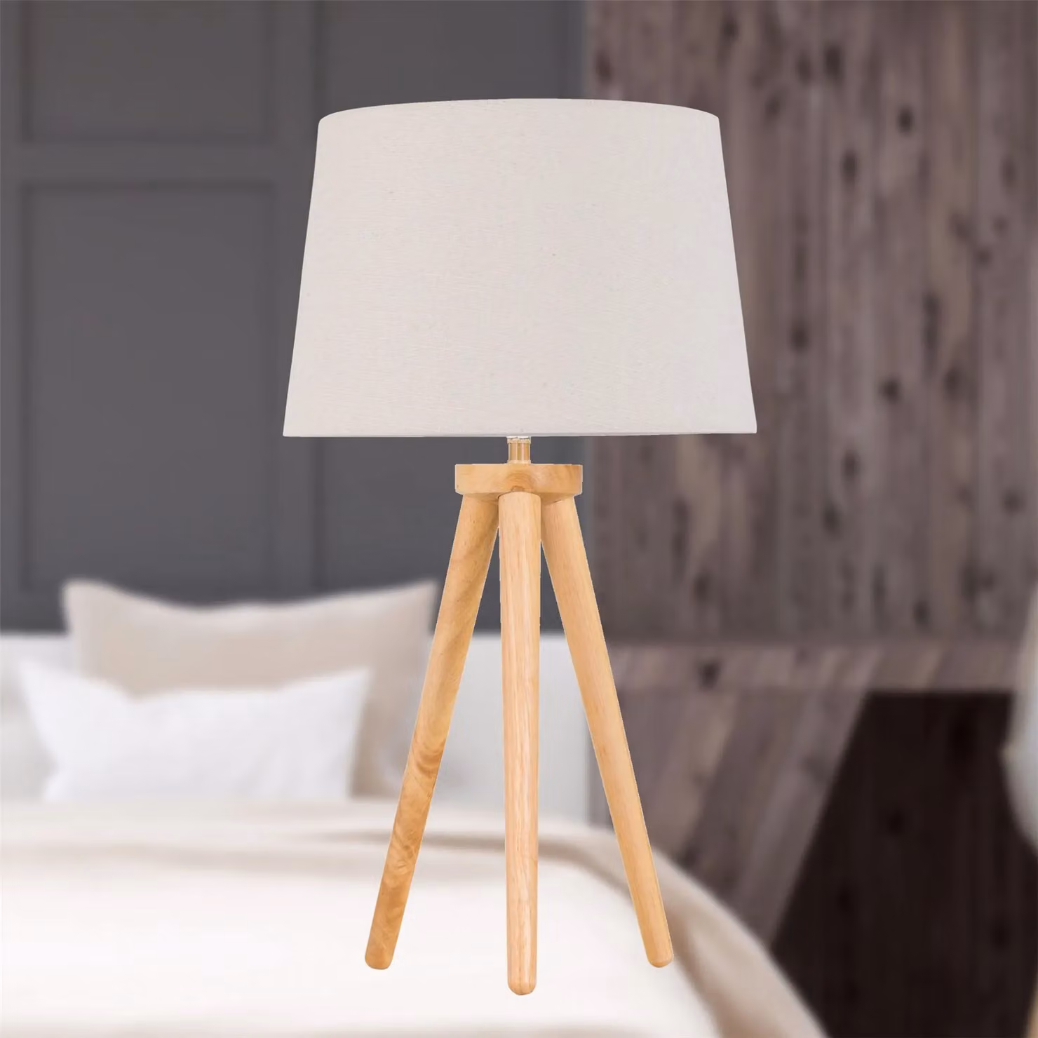 First Choice Lighting Set of 2 Wood Table Lamps with Beige Fabric Shades in Brown, H 51.0 cm x W 28.5 cm x D 28.5 cm – 2