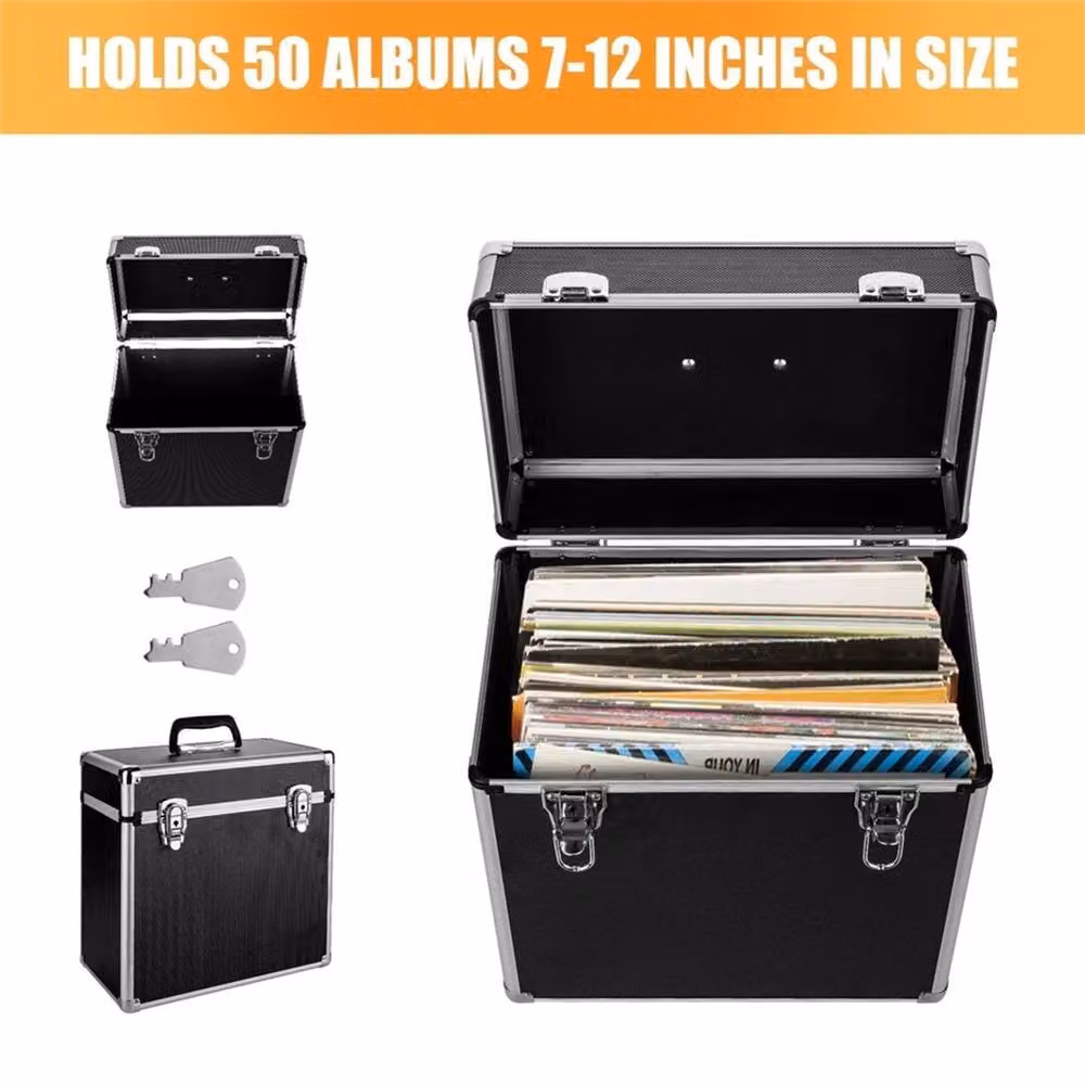VOGREX Black Vinyl LP Record Storage Case, Stackable DJ Flight Box with Handles – 3