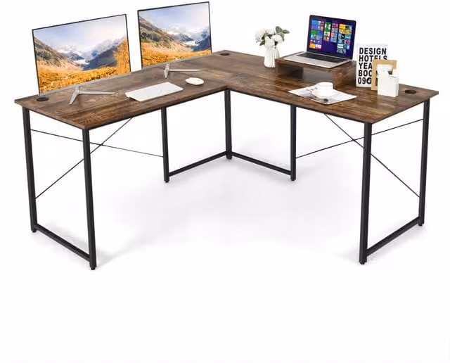 Costway L-Shaped Reversible Corner Computer Desk and Workstation for 2 People in Brown