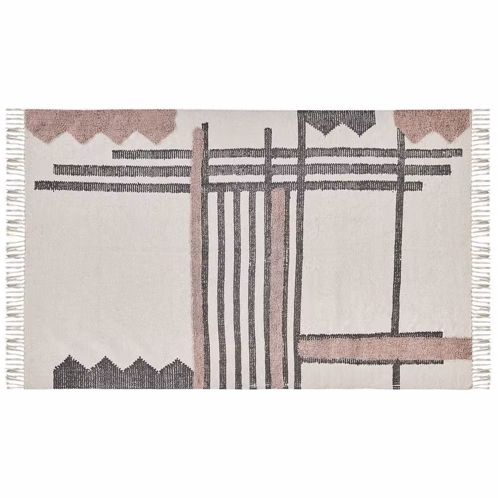 Wyld and Coco Nordic Handwoven Cotton Rug in Beige and Black with Fringes, W: 140 cm, L: 200 cm – 3