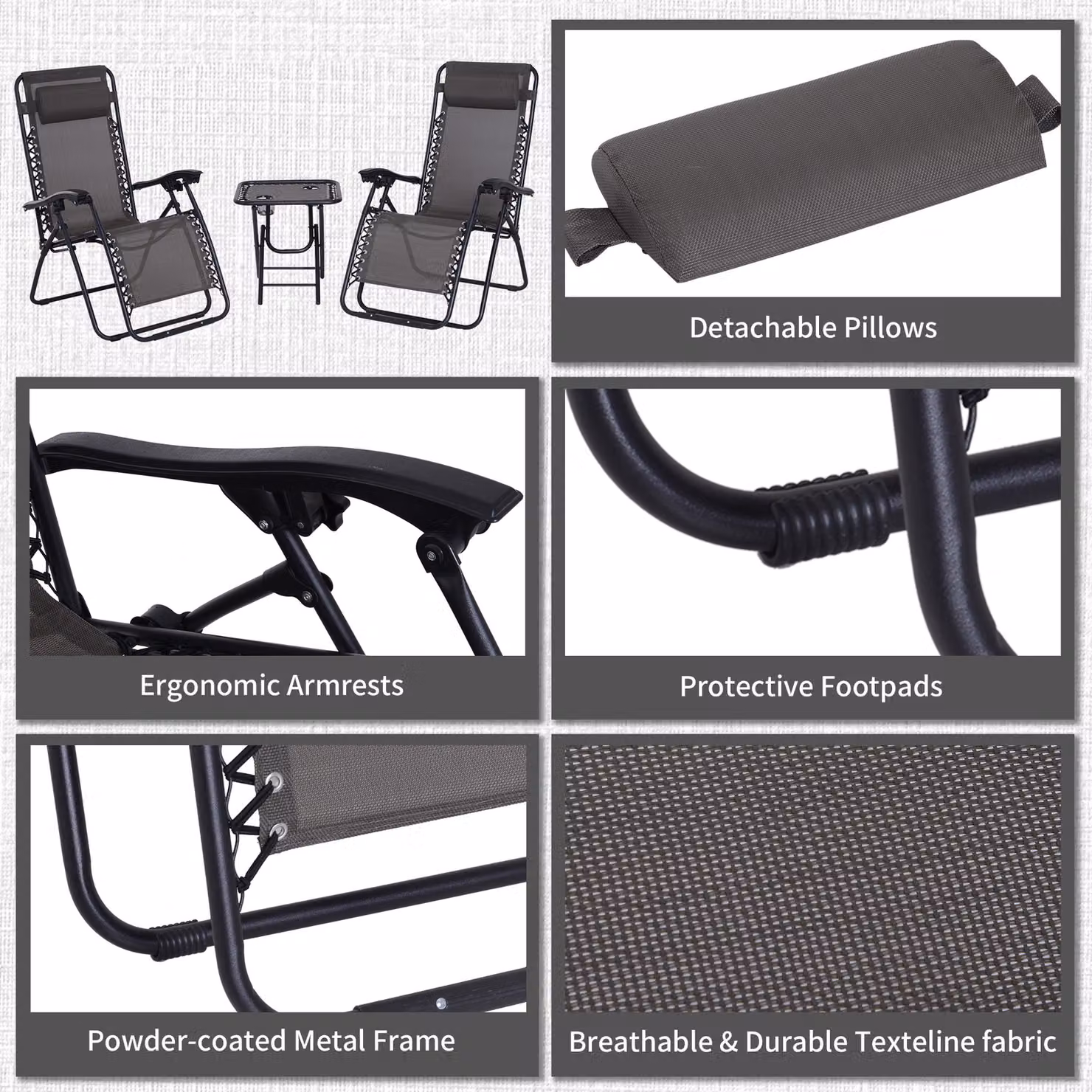 Outsunny 3-Piece Folding Zero Gravity Sun Lounger and Table Set in Dark Grey – 6
