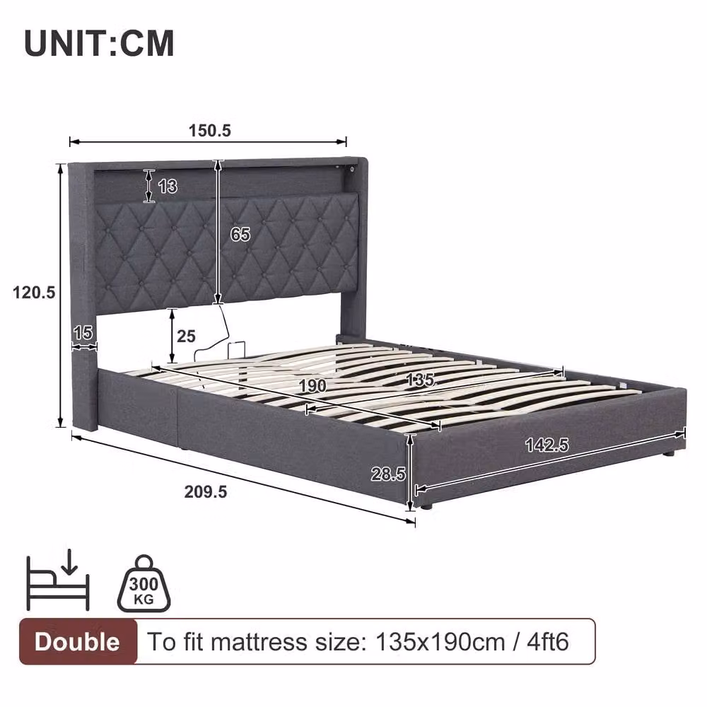 Rolipo Grey Double Ottoman Upholstered Bed Frame with LED Lighting and USB Charging Ports, W/D/H: 140 x 200 cm – 2