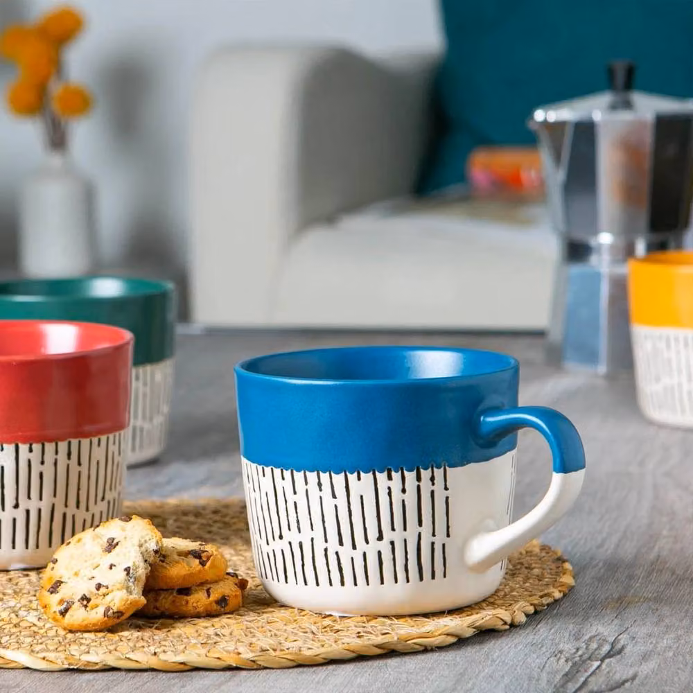Nicola Spring Blue Dipped Dash Stoneware Coffee Mugs, Set of 6, 450 ml – 2