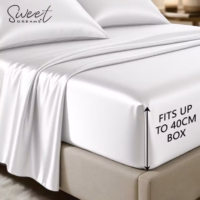 Sweet Dreams White Silk Luxury Deep Box Fitted Sheet, W/D/H: 140 x 200 x 38 cm