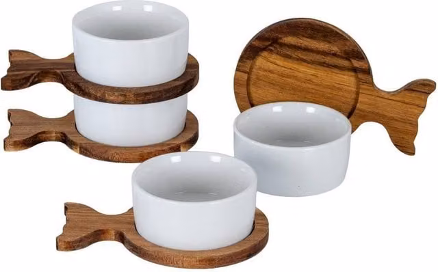 Lemon Pavilion Brown Acacia Wood and Ceramic Fishtail Serving Trays with Bowls, Set of 4