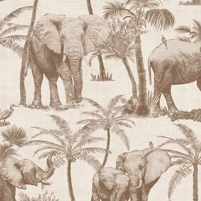 Arthouse Elephant and Palm Tree African Jungle Wallpaper in Brown, Beige and Silver