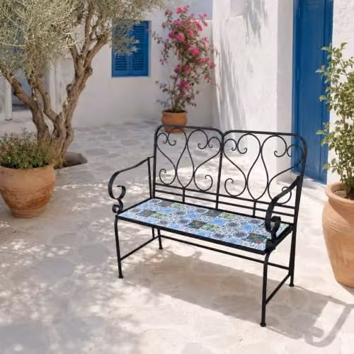 SHATCHI Lisbon 2 Seater Mosaic Garden Bench with Metal Frame and Glossy Geometric Ceramic Tile Seat, W: 112 cm, H: 96 cm, D: 47 cm – 5