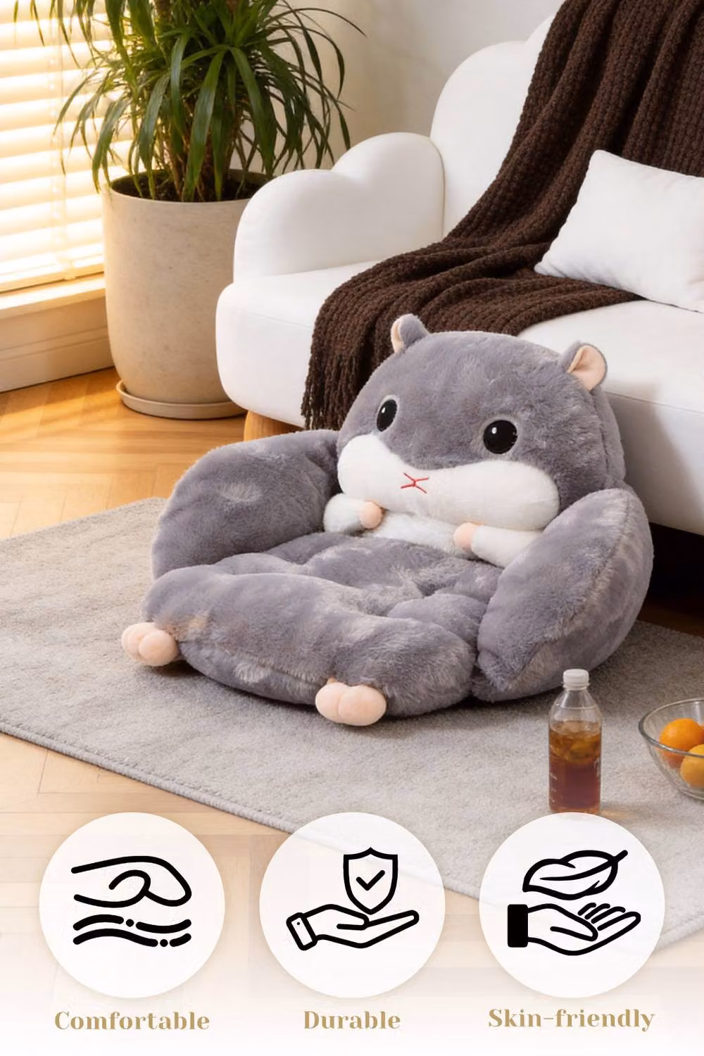 Living and Home Grey Cartoon Hamster Plush Cushion, W/D/H: 50 x 50 x 50 cm – 4