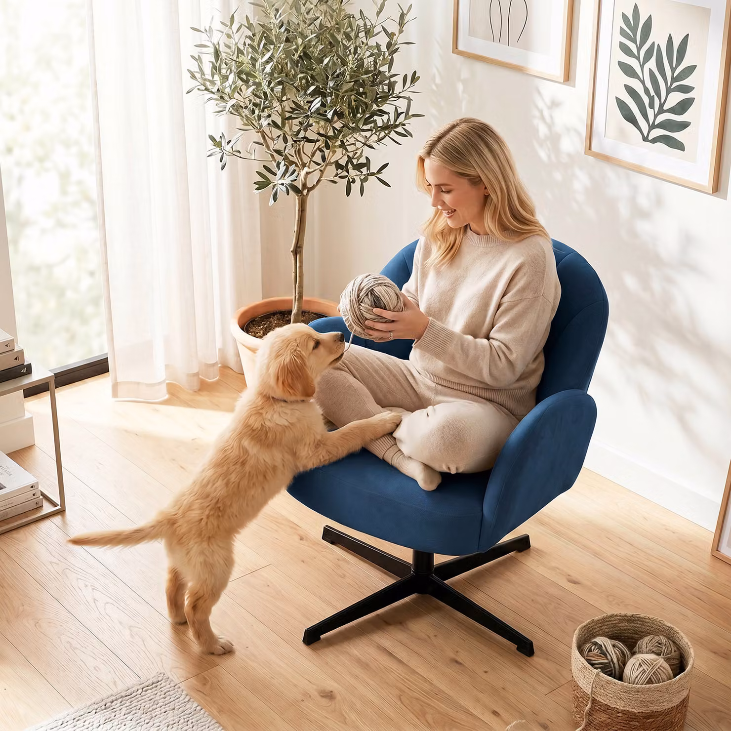 HOMCOM Blue Velvet Shell-Shaped Swivel Accent Chair with Armrests and Metal Base – 7