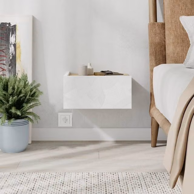 Decortie Onda Wall Mounted Floating LED Bedside Table Nightstand with Drawer in White – 2