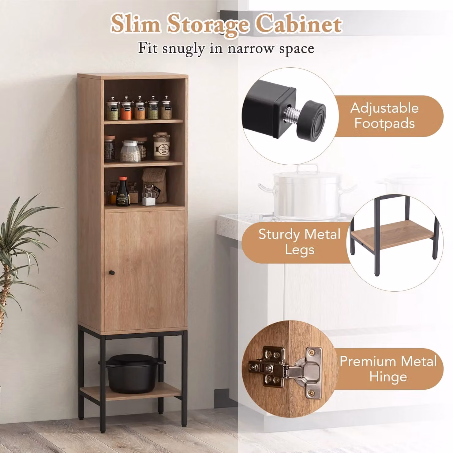 Gymax Tall Freestanding Storage Cabinet in Beige and Brown with Hinged Doors and Internal Shelves, W: 30.0 cm, D: 38.0 cm, H: 146.0 cm – 4