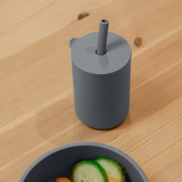 Tiny Dining Silicone Baby Straw Training Tumbler, 170ml, Blue and Grey