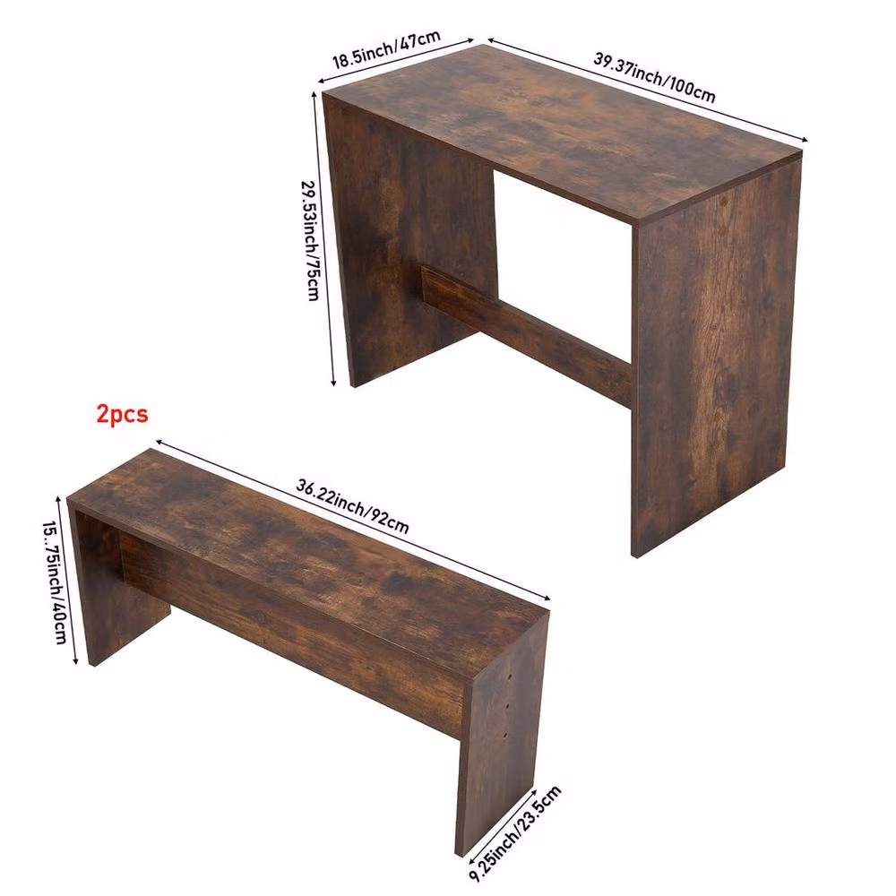 KORVIXA 3-Piece Rustic Brown Wooden Square Dining Table and Bench Set, W/D/H: 100 x 100 x 100 cm – 1