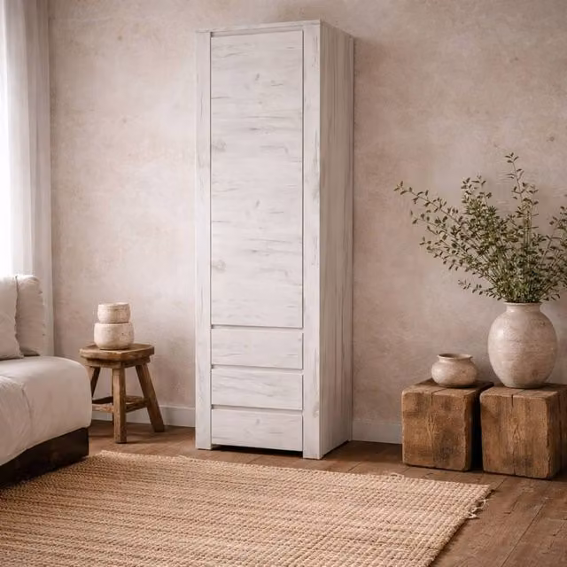 Wyld Haus Norwich Tall Narrow Cupboard in Aged Soft Grey Oak Veneer, H 190.5 x W 40.0 x D 56.0 cm
