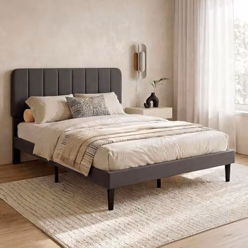 Levede Double Bed Frame with Adjustable Upholstered Velvet Headboard in Grey, W/D/H: 135 x 190 x 140 cm – 7