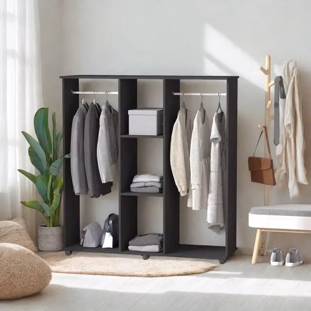 FURNOS Open Wardrobe Clothes Rail with Storage Shelves on Wheels, Black