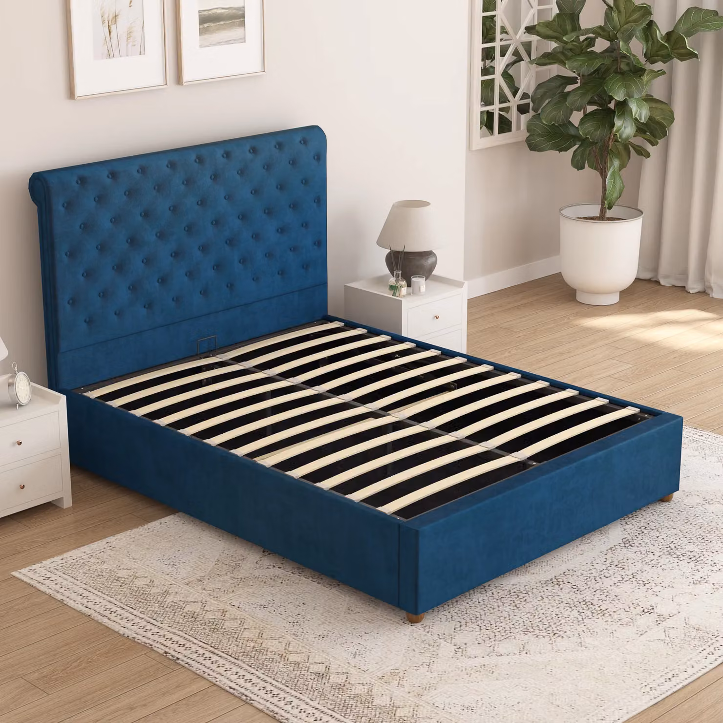 Aspire Taylor Ottoman Storage Bed Frame in Blue Plush Velvet Fabric, Size: 140 x 200 cm – 3