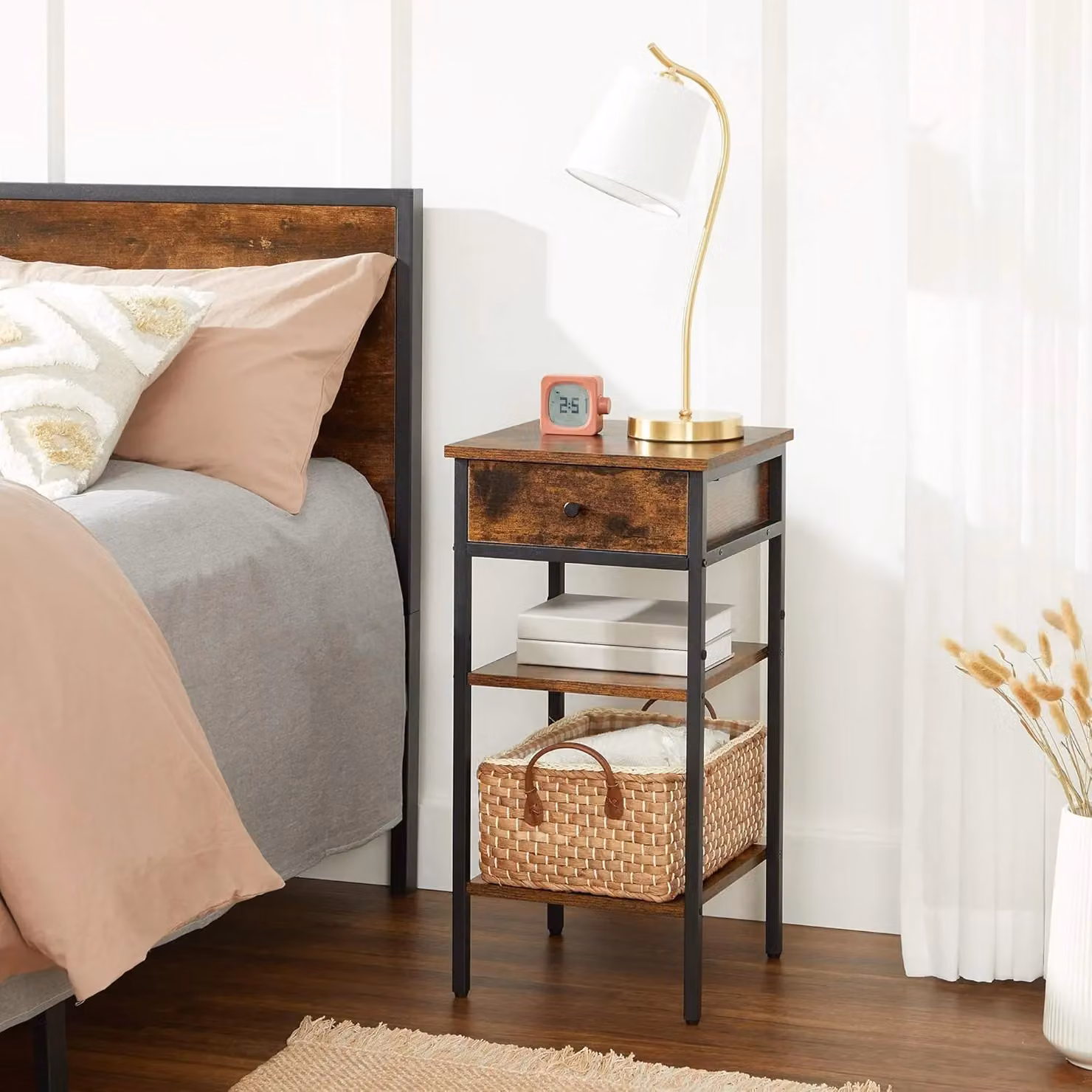 VASAGLE Industrial Bedside Table with Drawer and Storage Shelves in Brown – 2