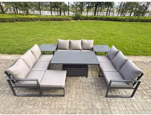 Fimous 10-Seater U-Shaped Aluminium Dining Set with Height-Adjustable Lifting Table in Matt Dark Grey – 1