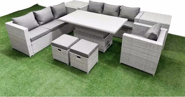 Fimous 8-Piece Rising Rattan Dining Set in Light Grey with Glass Top