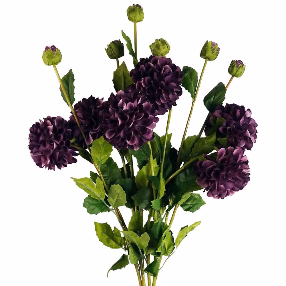 Leaf Pack of 6 Purple Artificial Dahlia PomPom Flower Stems, Height: 75 cm – 3