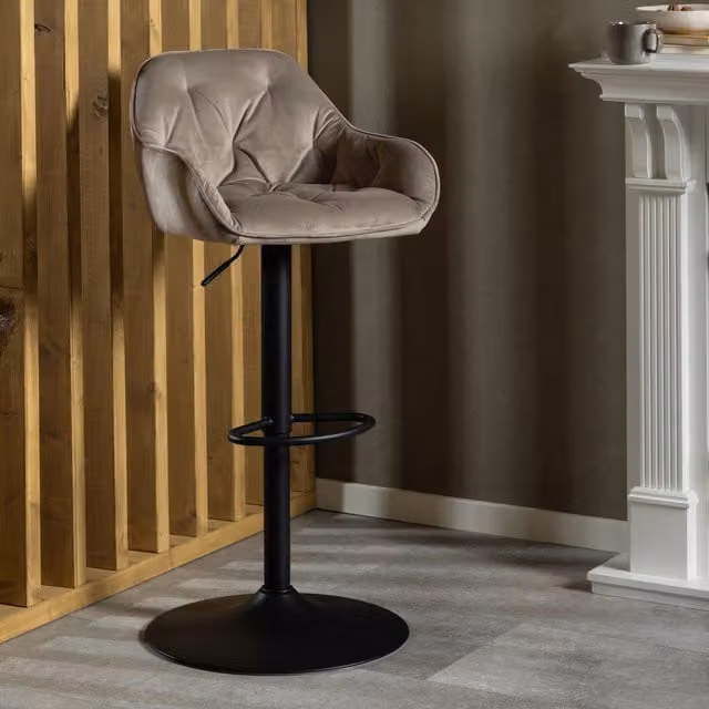 Furniture To Go Set of 2 Brooke Modern Swivel Bar Stools in Beige Velvet with Black Metal Legs