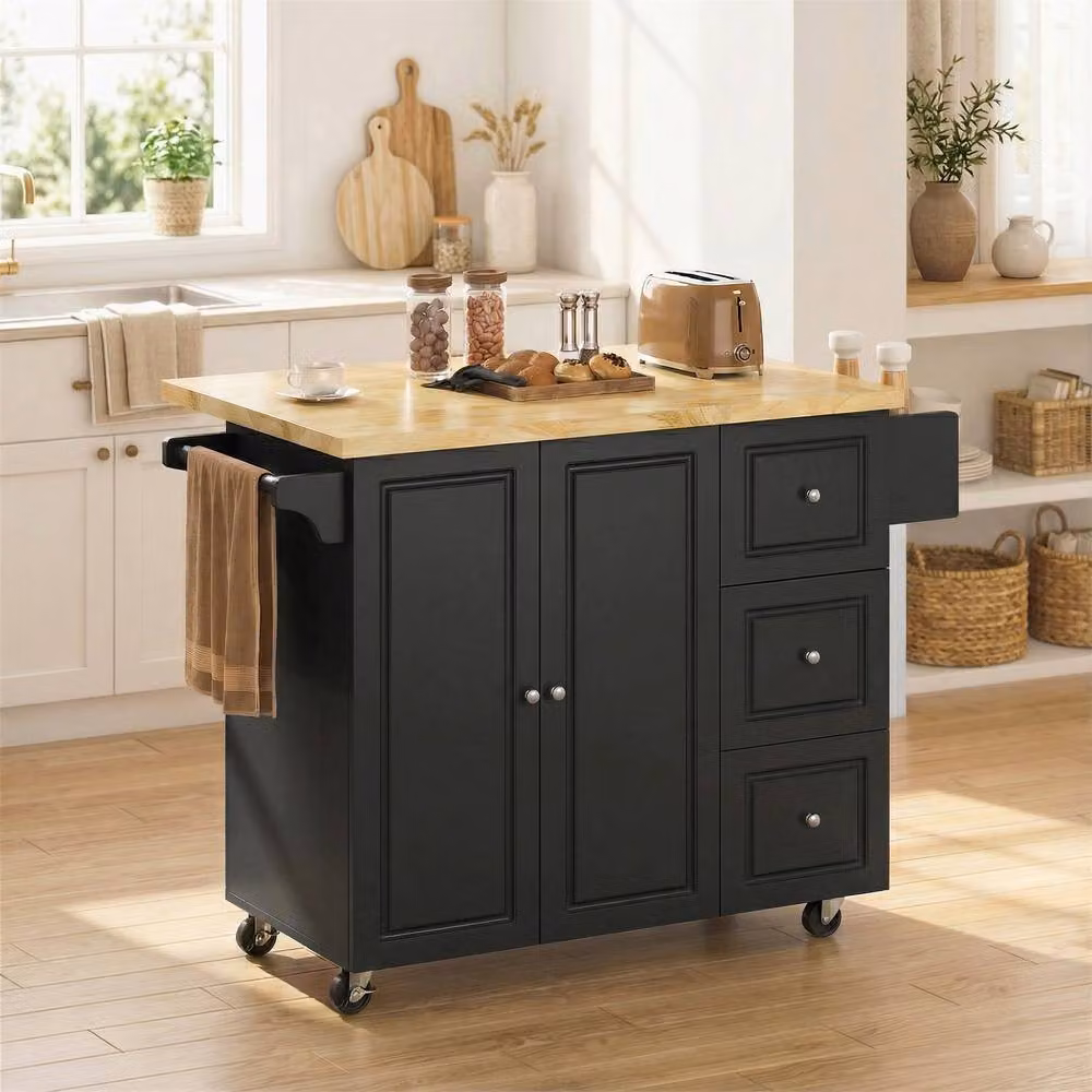 STILVORA Modern Black Kitchen Island with Rubberwood Drawers and Drop Leaf – 2