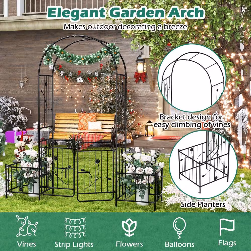 Gymax Metal Garden Arbour Trellis with Side Planters and Lockable Gate, Black, Height: 220 cm – 2