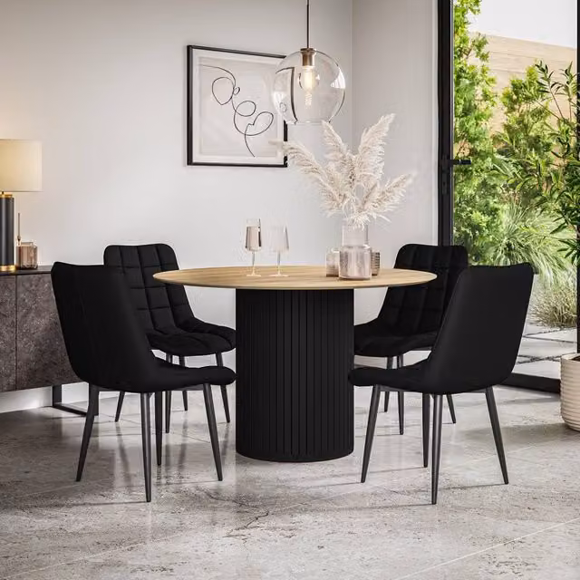 More4Homes Arlo Oak Round Dining Table with Black Legs and 6 Nova Faux Leather Dining Chairs, W: 120 cm, H: 75 cm