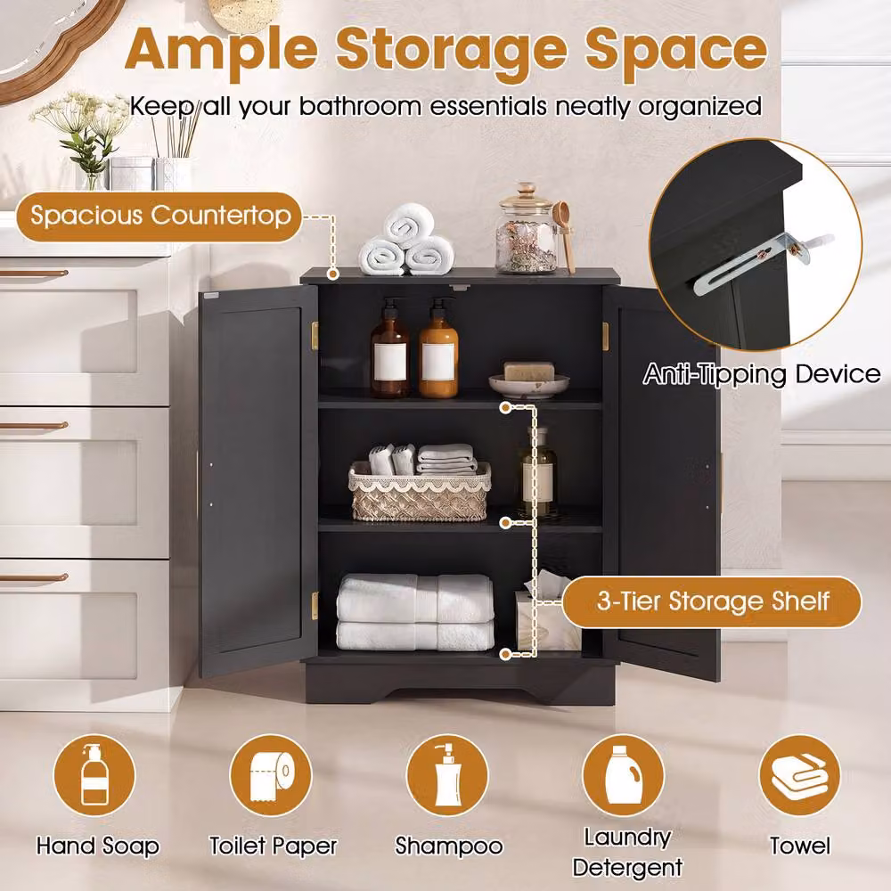 Costway Modern Black Bathroom and Kitchen Floor Storage Cabinet with Hinged Doors and Adjustable Shelves – 5
